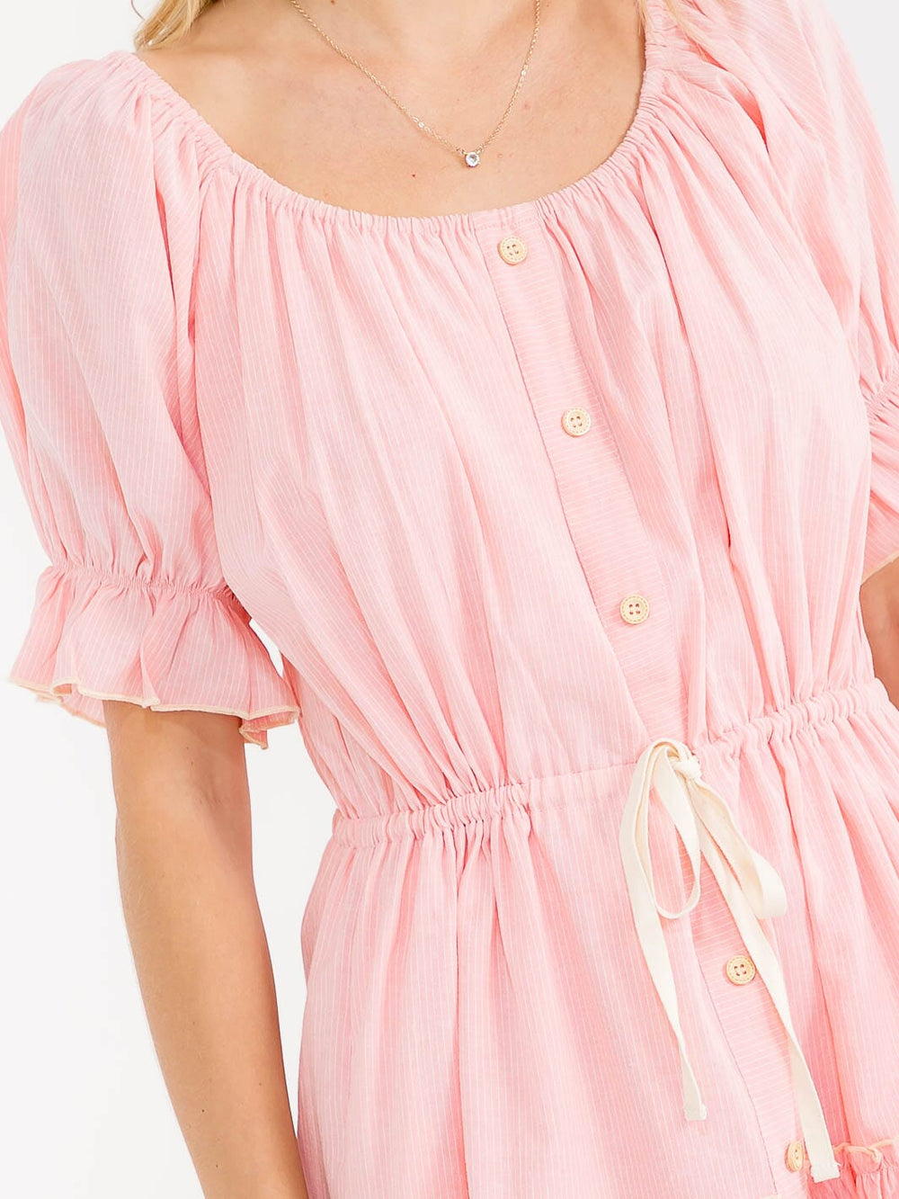 WOMEN'S SHORT SLEEVE ADJUSTABLE WAIST TIERED STRIPES MINI DRESS