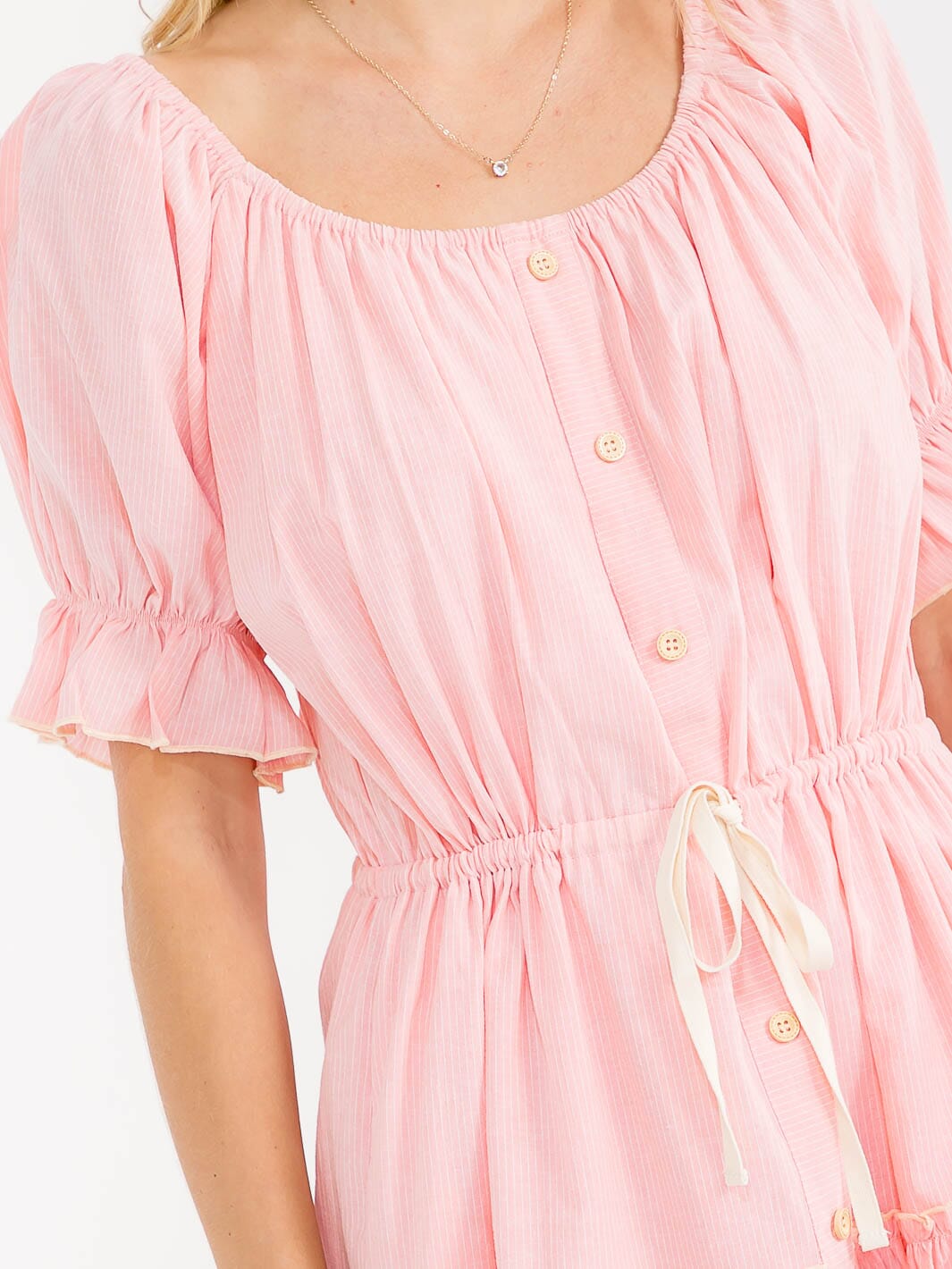 WOMEN'S SHORT SLEEVE ADJUSTABLE WAIST TIERED STRIPES MINI DRESS