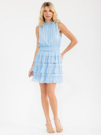 WOMEN'S SLEEVELESS MOCK NECK SMOCK WAIST RUFFLE TIERED MINI DRESS
