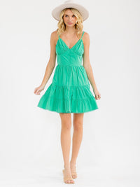 WOMEN'S SLEEVELESS V-NECK BUTTON CLOSURE SMOCK FIT & FLARE MINI DRESS