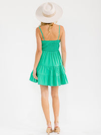 WOMEN'S SLEEVELESS V-NECK BUTTON CLOSURE SMOCK FIT & FLARE MINI DRESS