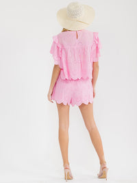 WOMEN'S SHORT SLEEVE BLOUSE & ELASTIC WAIST MINI SHORTS EYELET 2PC. SET