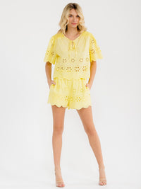 WOMEN'S SHORT SLEEVE BLOUSE & ELASTIC WAIST MINI SHORTS EYELET 2PC. SET