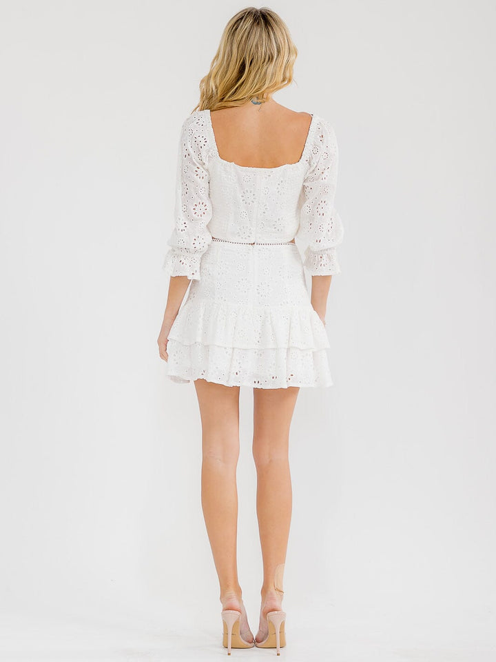 WOMEN'S 3/4 SLEEVES TOP & BELTED MINI SKIRT EYELET 2PC. SET
