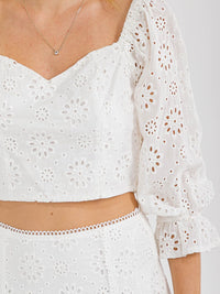 WOMEN'S 3/4 SLEEVES TOP & BELTED MINI SKIRT EYELET 2PC. SET