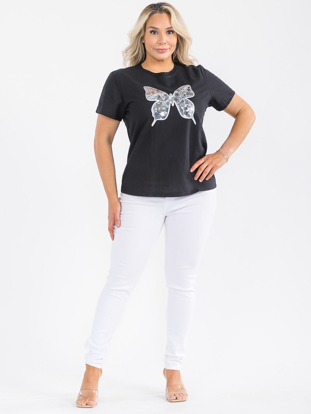 PLUS SIZE SHORT SLEEVE BUTTERFLY SEQUINS TOP