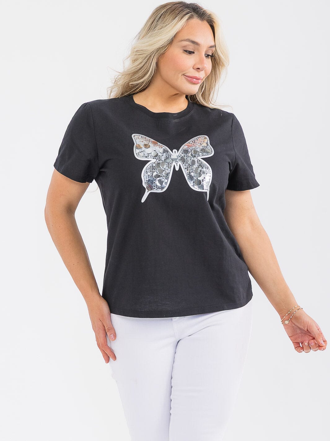 PLUS SIZE SHORT SLEEVE BUTTERFLY SEQUINS TOP