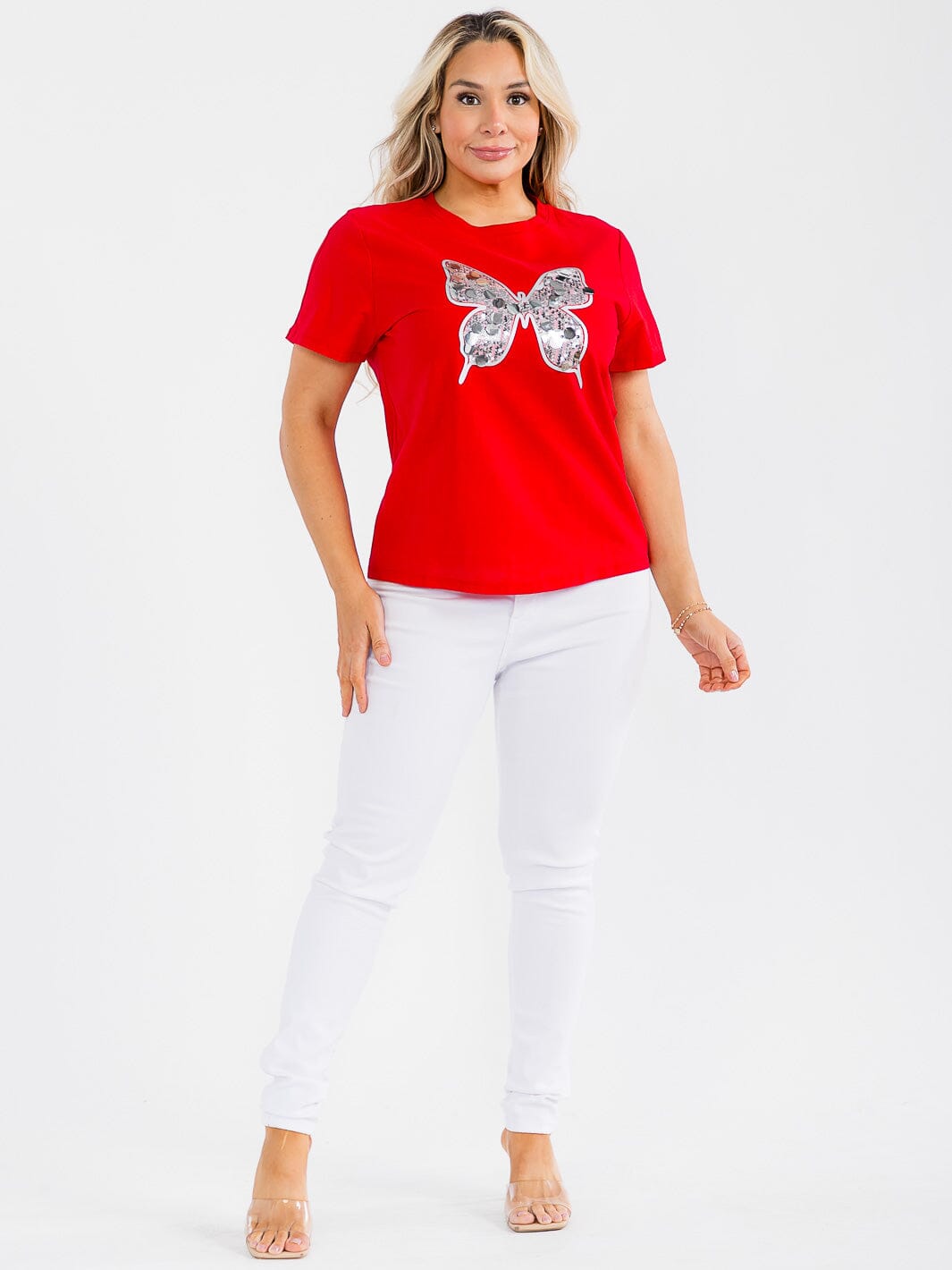 PLUS SIZE SHORT SLEEVE BUTTERFLY SEQUINS TOP