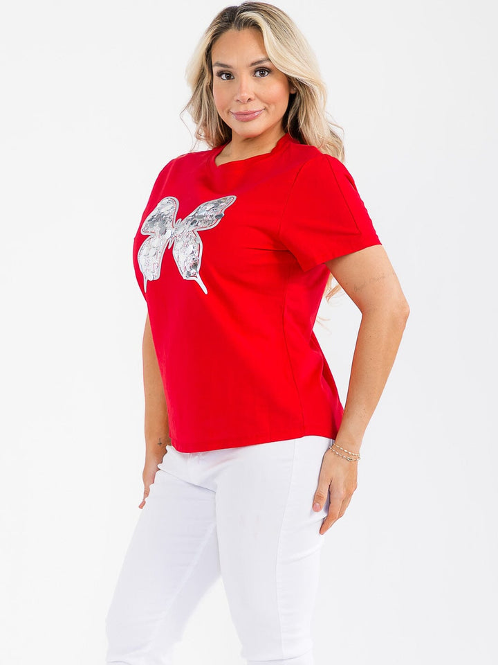 PLUS SIZE SHORT SLEEVE BUTTERFLY SEQUINS TOP