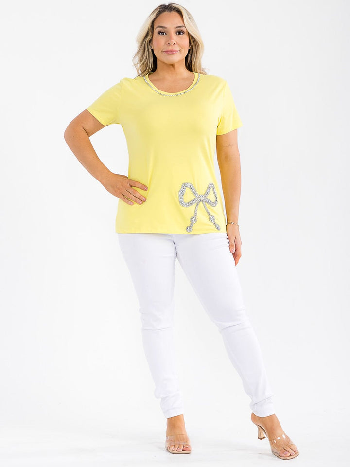 PLUS SIZE SHORT SLEEVE RHIMESTONES BOW TOP