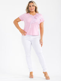 PLUS SIZE SHORT SLEEVE FLOWER STONES DETAILED TOP