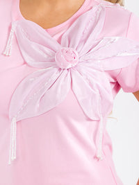 PLUS SIZE SHORT SLEEVE FLOWER STONES DETAILED TOP
