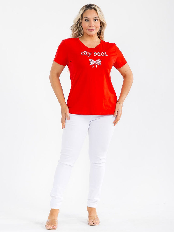 PLUS SIZE SHORT SLEEVE GRAPHIC STUDS BOW TOP