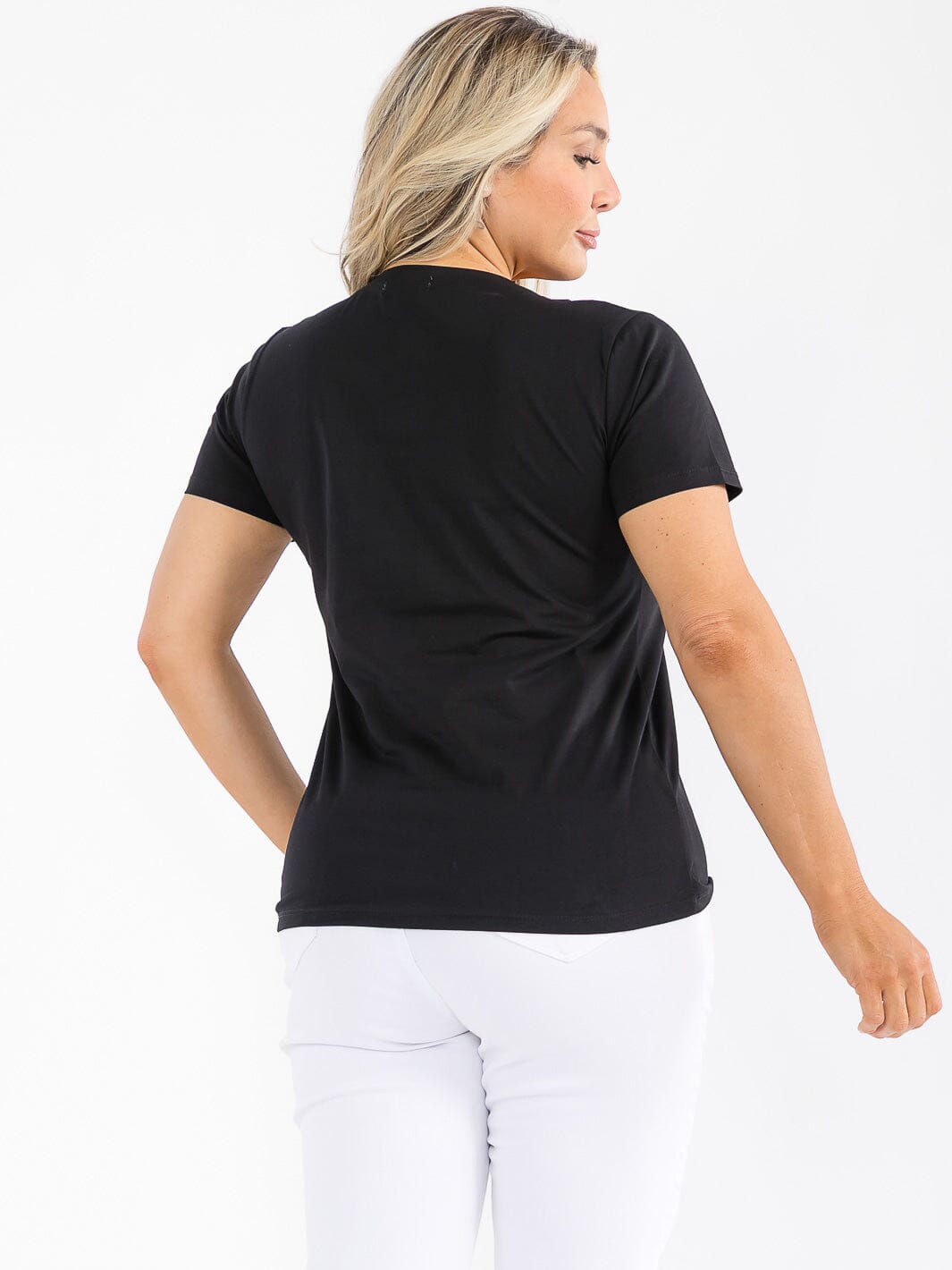 PLUS SIZE SHORT SLEEVE GRAPHIC STUDS DETAILED TOP