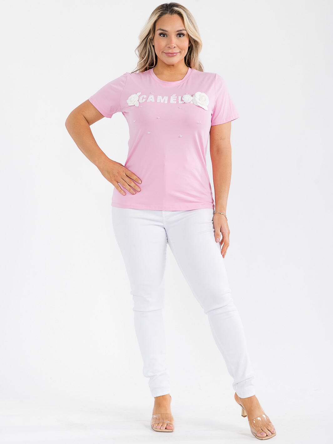 PLUS SIZE SHORT SLEEVE GRAPHIC FLOWER DETAILED TOP