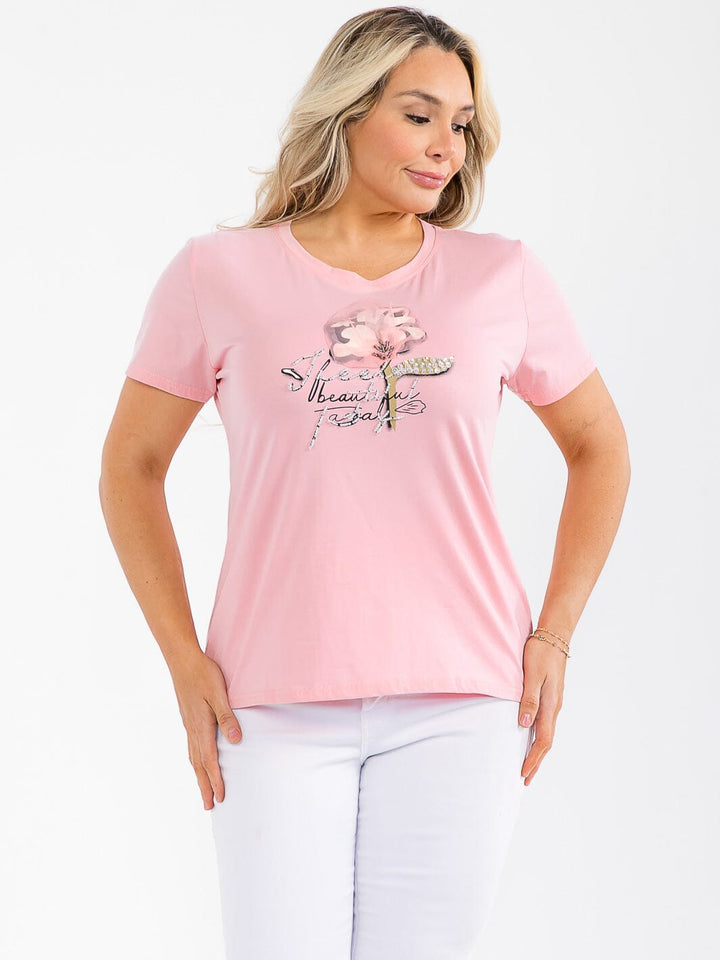 PLUS SIZE SHORT SLEEVE GRAPHIC SEQUINS TOP