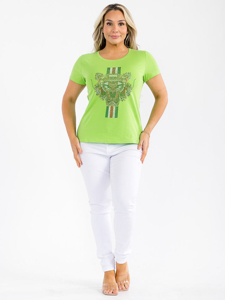 PLUS SIZE SHORT SLEEVE GRAPHIC RHINESTONE TOP