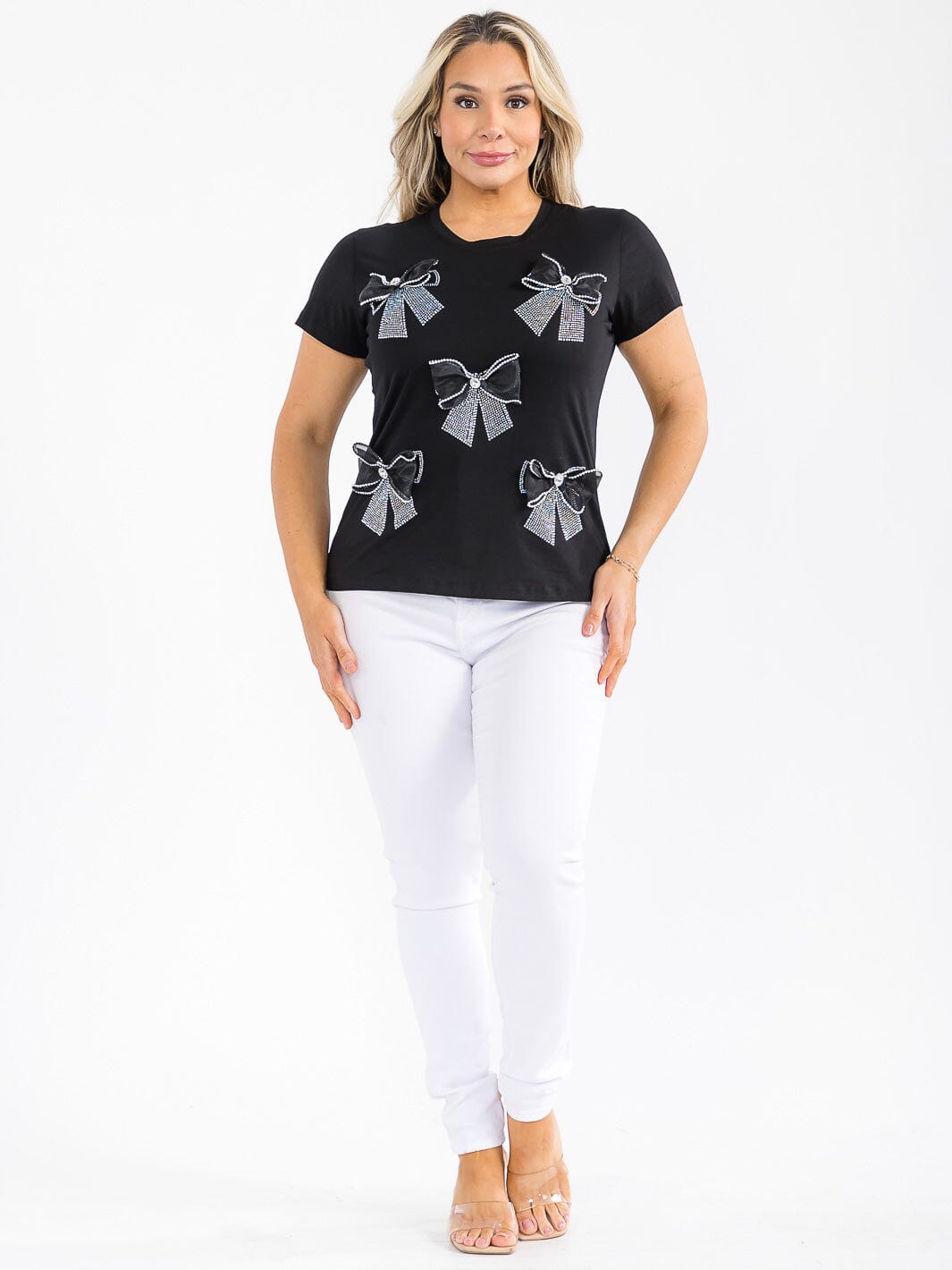 PLUS SIZE SHORT SLEEVE BOWS RHINESTONE TOP