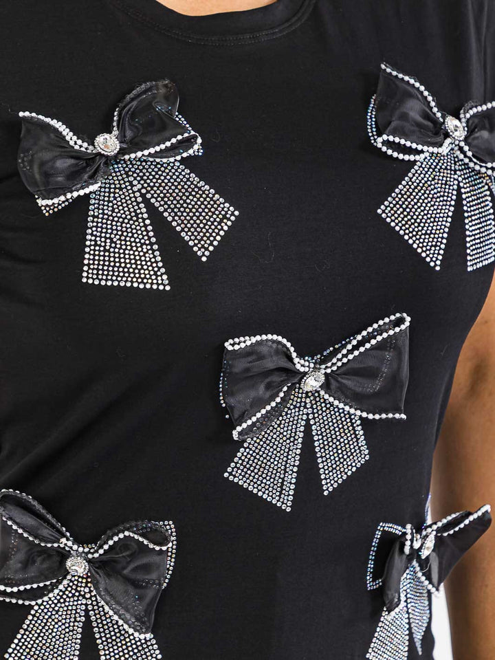 PLUS SIZE SHORT SLEEVE BOWS RHINESTONE TOP