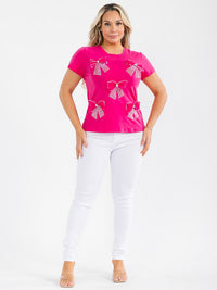 PLUS SIZE SHORT SLEEVE BOWS RHINESTONE TOP