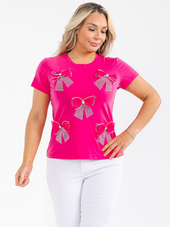 PLUS SIZE SHORT SLEEVE BOWS RHINESTONE TOP