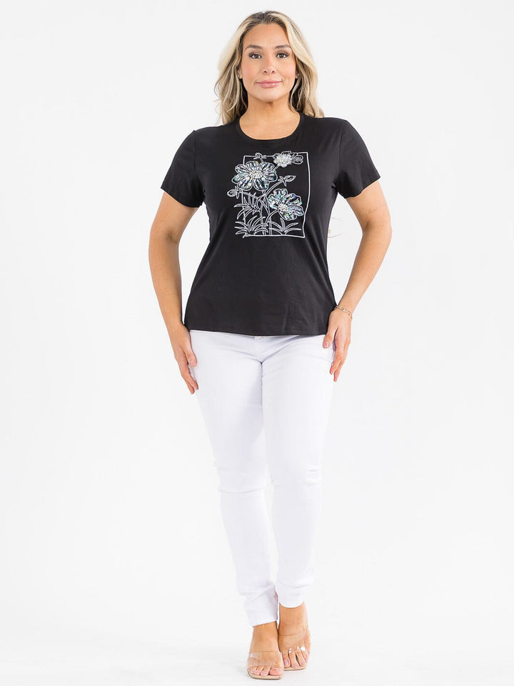 PLUS SIZE SHORT SLEEVE FLOWER RHINESTONE TOP