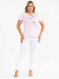 PLUS SIZE SHORT SLEEVE FLOWER RHINESTONE TOP
