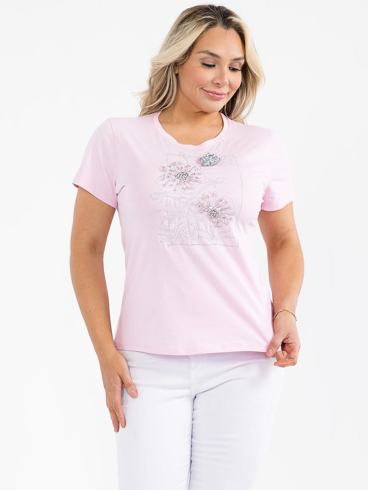 PLUS SIZE SHORT SLEEVE FLOWER RHINESTONE TOP