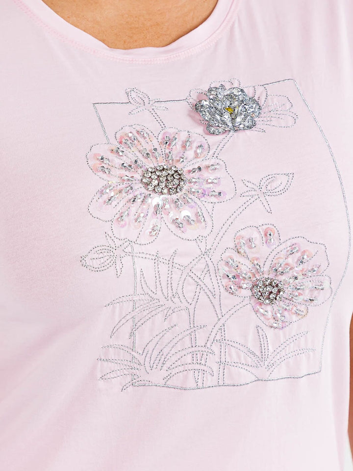 PLUS SIZE SHORT SLEEVE FLOWER RHINESTONE TOP