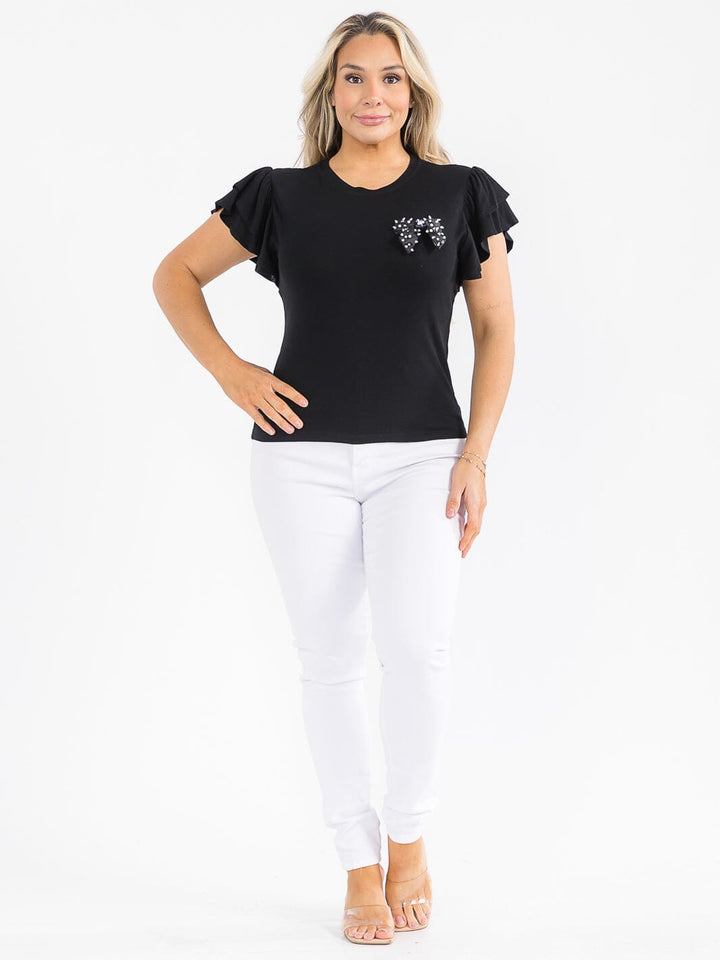 PLUS SIZE SHORT RUFFLE SLEEVE PEARL BOW RIBBED TOP