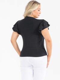 PLUS SIZE SHORT RUFFLE SLEEVE PEARL BOW RIBBED TOP