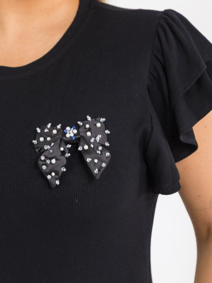 PLUS SIZE SHORT RUFFLE SLEEVE PEARL BOW RIBBED TOP