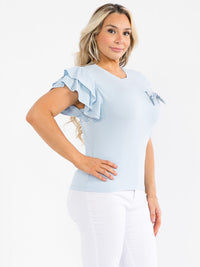 PLUS SIZE SHORT RUFFLE SLEEVE PEARL BOW RIBBED TOP