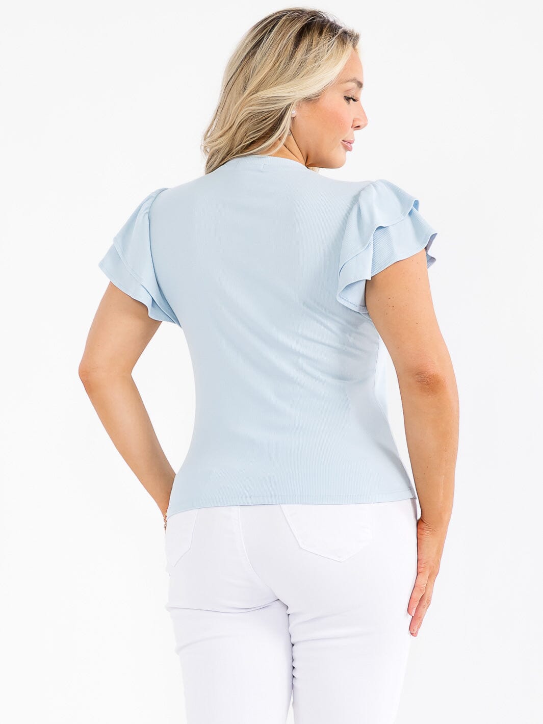 PLUS SIZE SHORT RUFFLE SLEEVE PEARL BOW RIBBED TOP