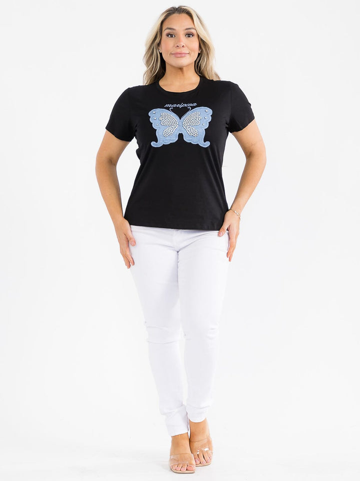 PLUS SIZE SHORT SLEEVE GRAPHIC STUDS BUTTERFLY TOP