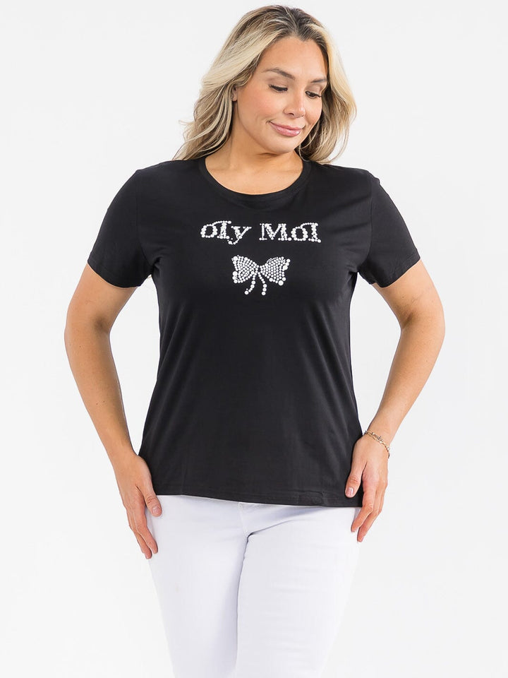 PLUS SIZE SHORT SLEEVE GRAPHIC STUDS BOW TOP