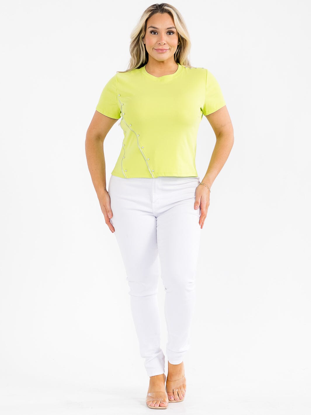 PLUS SIZE SHORT SLEEVE SIDE DETAILED RHINESTONE TOP