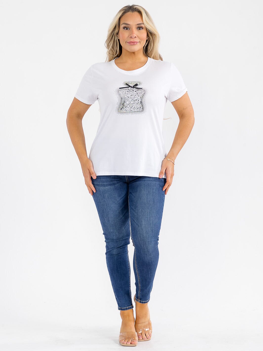 PLUS SIZE SHORT SLEEVE GRAPHIC RHINESTONES TOP