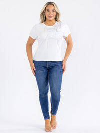 PLUS SIZE SHORT SLEEVE FLOWER STONES DETAILED TOP