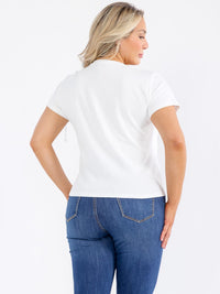 PLUS SIZE SHORT SLEEVE FLOWER STONES DETAILED TOP