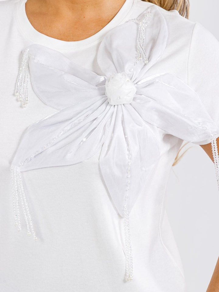 PLUS SIZE SHORT SLEEVE FLOWER STONES DETAILED TOP