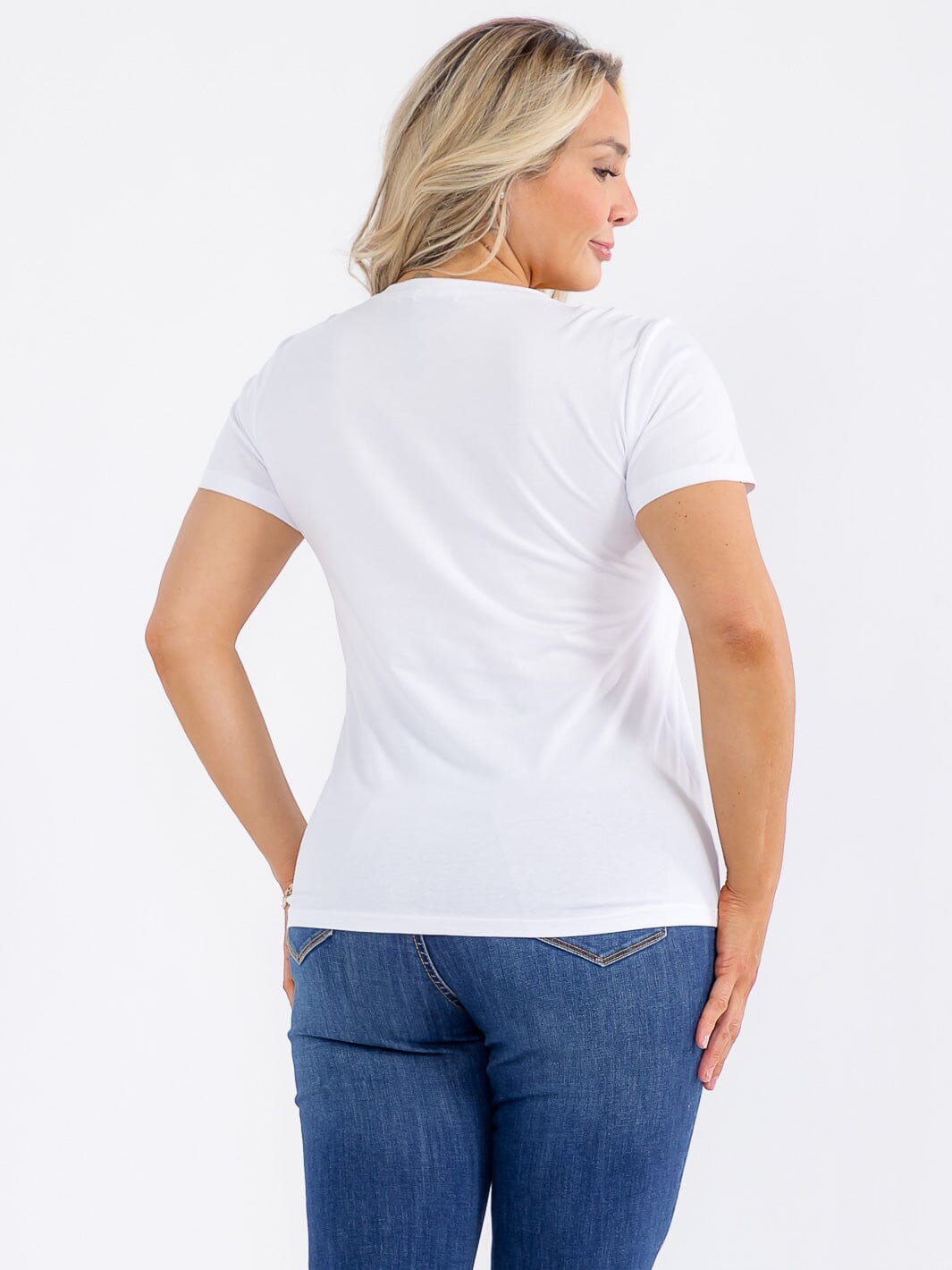 PLUS SIZE SHORT SLEEVE GRAPHIC STUDS DETAILED TOP