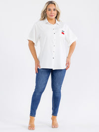 PLUS SIZE SHORT SLEEVE BUTTON UP FRONT POCKET CHERRY BLOUSE