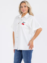 PLUS SIZE SHORT SLEEVE BUTTON UP FRONT POCKET CHERRY BLOUSE