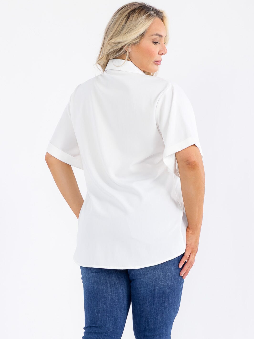 PLUS SIZE SHORT SLEEVE BUTTON UP FRONT POCKET CHERRY BLOUSE