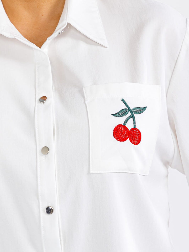 PLUS SIZE SHORT SLEEVE BUTTON UP FRONT POCKET CHERRY BLOUSE