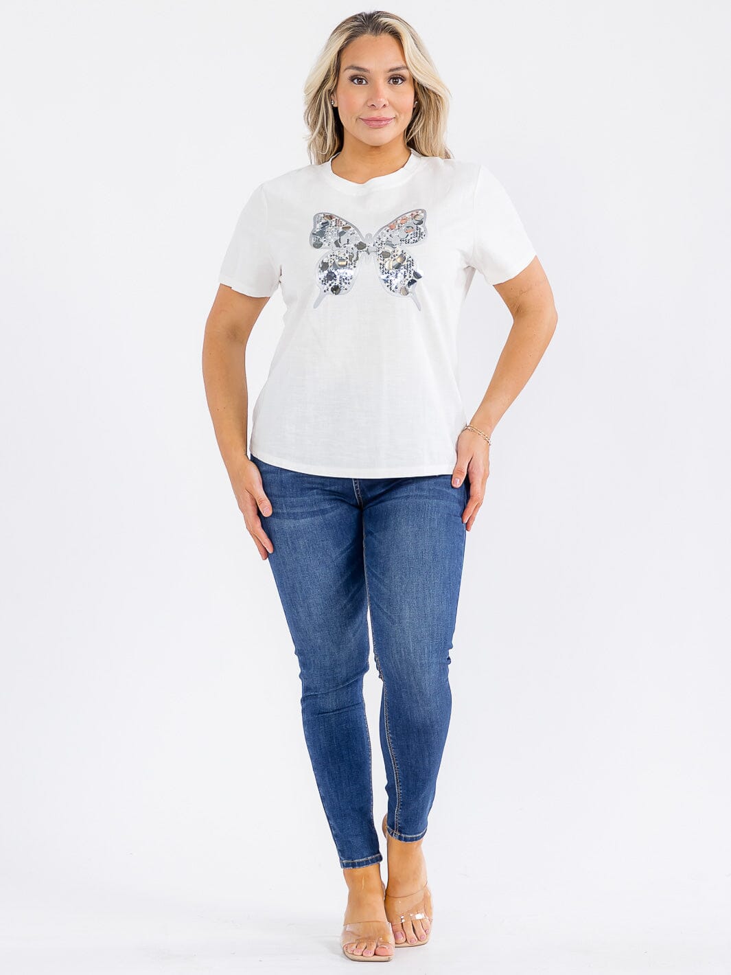 PLUS SIZE SHORT SLEEVE BUTTERFLY SEQUINS TOP