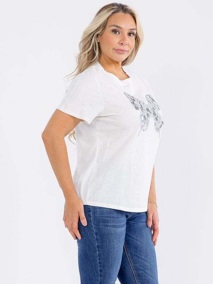 PLUS SIZE SHORT SLEEVE BUTTERFLY SEQUINS TOP