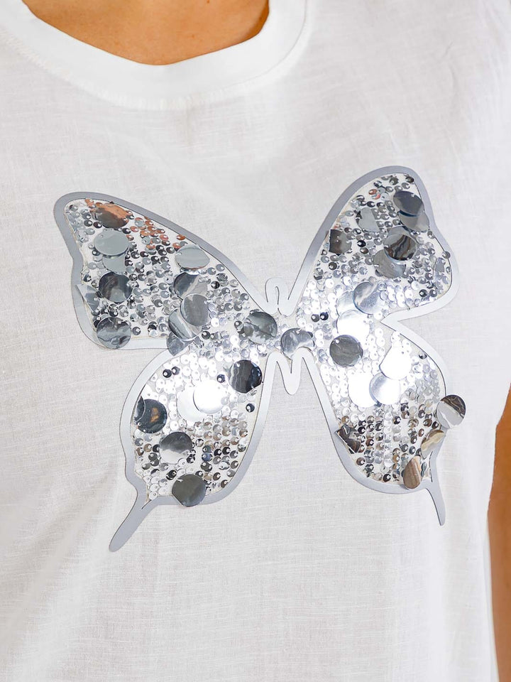 PLUS SIZE SHORT SLEEVE BUTTERFLY SEQUINS TOP