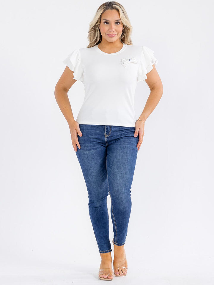PLUS SIZE SHORT RUFFLE SLEEVE PEARL BOW RIBBED TOP